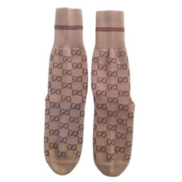 GUCCI | Web Stripe Camel Brown GG Logo Jacquard Knit Calf Socks Unisex Pre-Owned - Picture 10 of 12